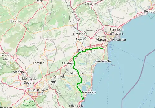Route map Alicante Airport - Playa Flamenca, 67 km, approx. 49 min