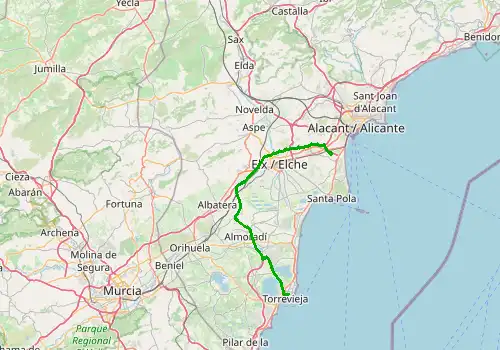 Route map Alicante Airport - Torrevieja, 63 km, approx. 50 min