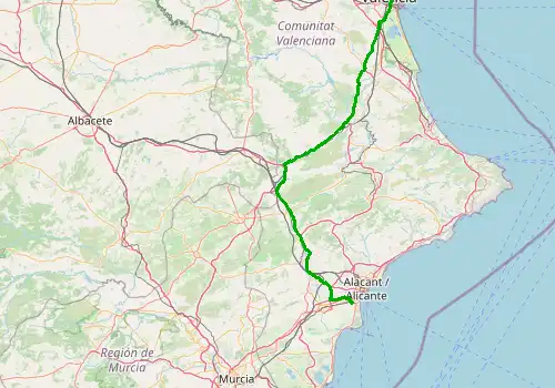Route map Alicante Airport - Valencia City, 178 km, approx. 115 min