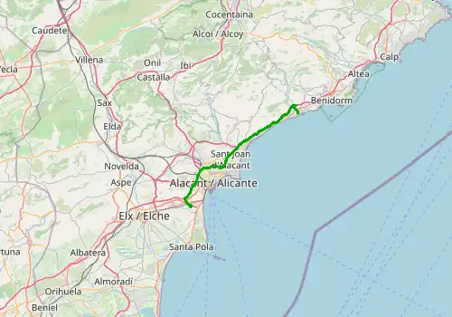 Route map Alicante Airport - Villajoyosa, 50 km, approx. 36 min