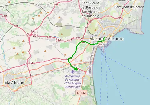 Route map Alicante Airport - Alicante, 15 km, approx. 17 min