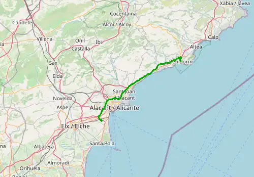 Route map Alicante Airport - Benidorm, 60 km, approx. 43 min