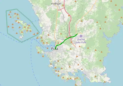 Route map Pula Airport - Pula, 7 km, approx. 12 min
