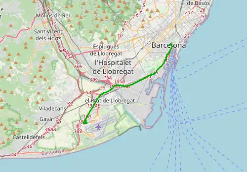 Route map Barcelona  Airport - Barcelona, 16 km, approx. 24 min