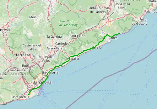 Route map Barcelona  Airport - Lloret de Mar, 92 km, approx. 91 min
