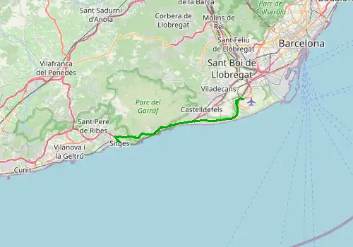 Route map Barcelona  Airport - Sitges, 27 km, approx. 26 min