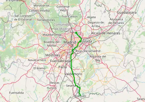 Route map Madrid Barajas Airport - Aranjuez, 62 km, approx. 53 min