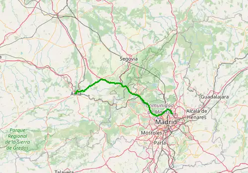 Route map Madrid Barajas Airport - Avila de los Caballeros, 121 km, approx. 87 min