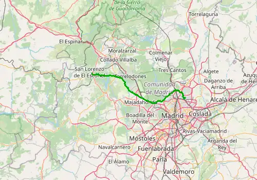 Route map Madrid Barajas Airport - El Escorial, 54 km, approx. 56 min
