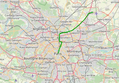 Route map Paris Charles de Gaulle Airport - Paris, 27 km, approx. 35 min