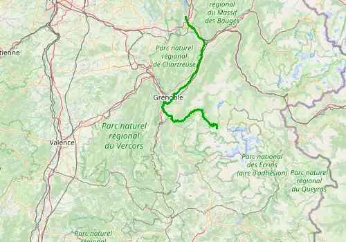 Route map Chambery Airport - Les Deux Alpes, 135 km, approx. 127 min