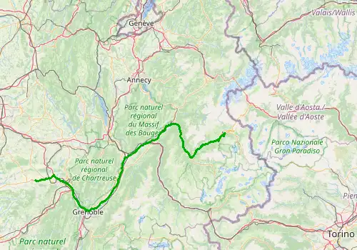Route map Grenoble Airport - Les Arcs 1600-2000, 184 km, approx. 143 min