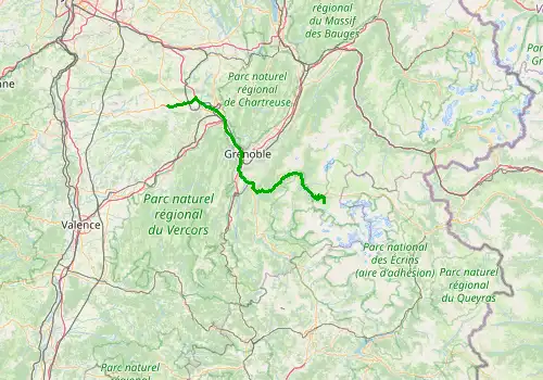 Route map Grenoble Airport - Les Deux Alpes, 111 km, approx. 111 min