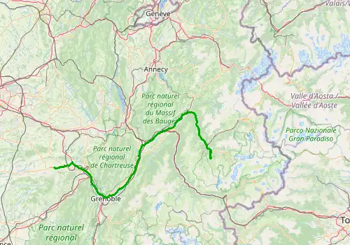 Route map Grenoble Airport - Meribel, 166 km, approx. 120 min