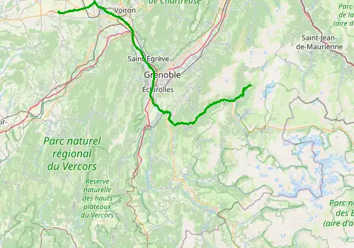 Route map Grenoble Airport - Vaujany, 96 km, approx. 96 min