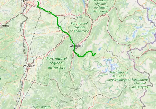 Route map Lyon Saint Exupery Airport - Alpe d Huez, 155 km, approx. 136 min