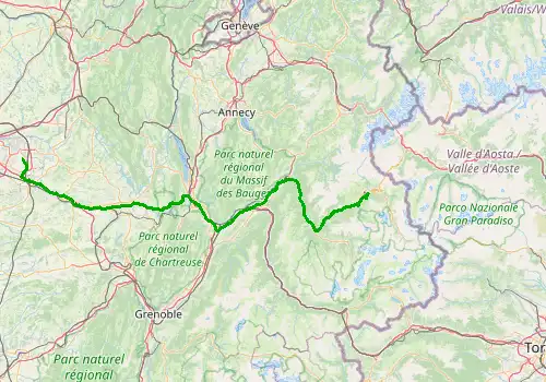 Route map Lyon Saint Exupery Airport - Les Arcs 1600-2000, 197 km, approx. 147 min
