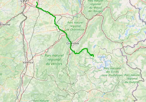Route map Lyon Saint Exupery Airport - Les Deux Alpes, 159 km, approx. 140 min