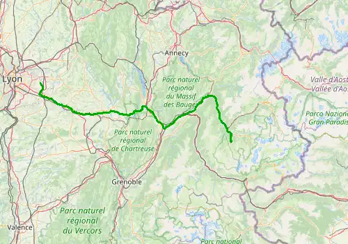 Route map Lyon Saint Exupery Airport - Meribel, 179 km, approx. 123 min