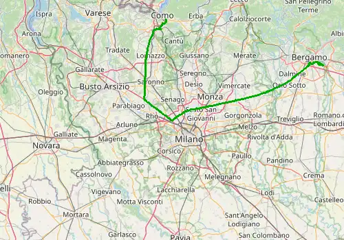 Route map Bergamo Airport - Como Town, 94 km, approx. 71 min