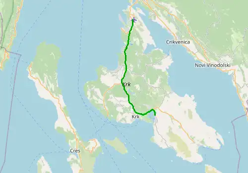 Route map Rijeka Airport - Marina Punat, 28 km, approx. 33 min
