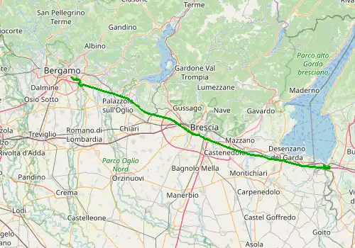 Route map Bergamo Airport - Peschiera del Garda, 90 km, approx. 60 min