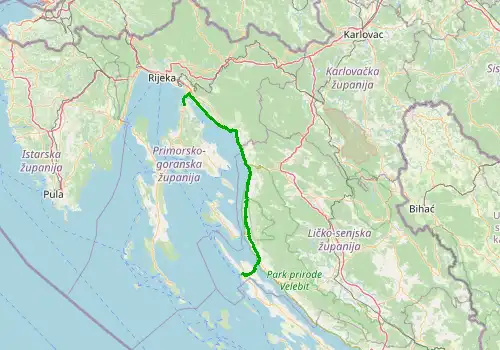 Route map Rijeka Airport - Novalja, island of Pag, 116 km, approx. 175 min