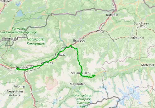 Route map Innsbruck Airport - Gerlos, 88 km, approx. 82 min