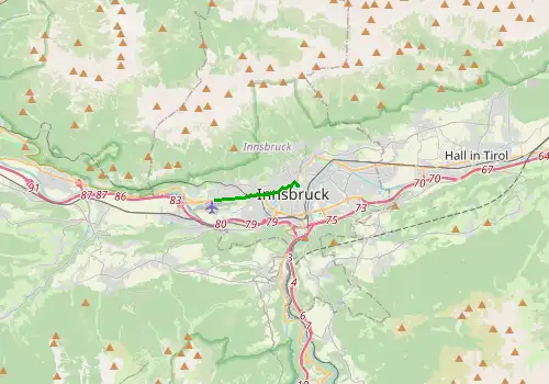 Route map Innsbruck Airport - Innsbruck City, 4 km, approx. 10 min