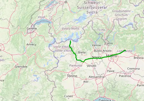 Route map Bergamo Airport - Cervinia, 232 km, approx. 167 min
