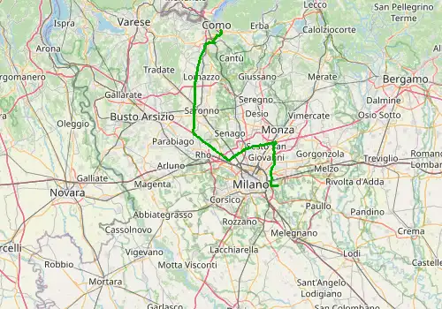 Route map Milan Linate Airport - Como Town, 66 km, approx. 61 min