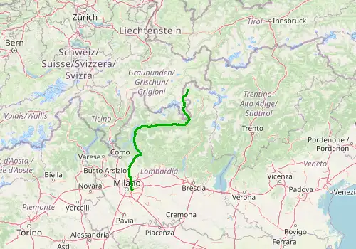 Route map Milan Linate Airport - Livigno, 209 km, approx. 224 min