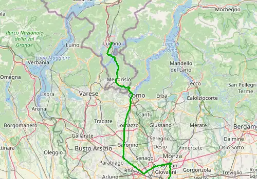 Route map Milan Linate Airport - Lugano, 96 km, approx. 84 min