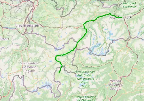 Route map Innsbruck Airport - Livigno, 176 km, approx. 162 min