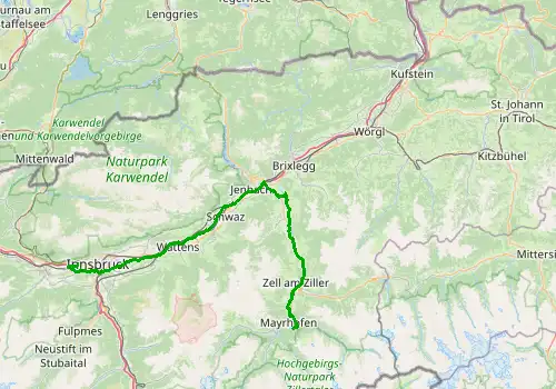 Route map Innsbruck Airport - Mayrhofen, Tyrol, 81 km, approx. 79 min
