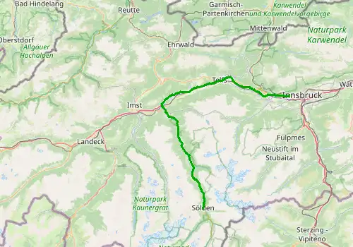 Route map Innsbruck Airport - Solden, Tyrol, 80 km, approx. 73 min
