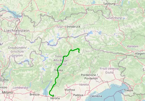 Route map Verona Villafranca Airport - La Villa, 239 km, approx. 171 min