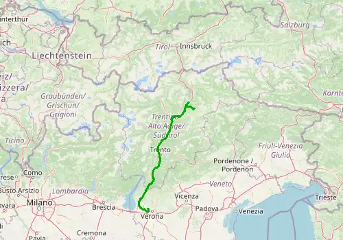 Route map Verona Villafranca Airport - Ortisei, Val Gardena, 201 km, approx. 128 min