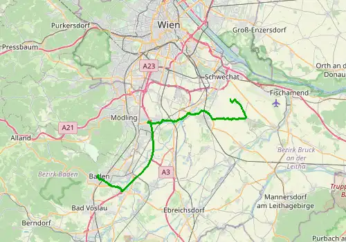 Route map Vienna Airport - Baden (Baden Bei Wien), 38 km, approx. 47 min