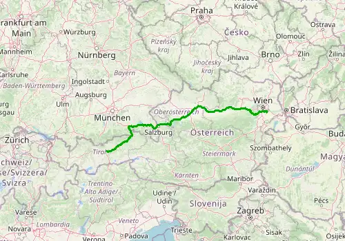 Route map Vienna Airport - Innsbruck City, 500 km, approx. 306 min