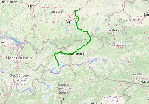 Route map Munich Airport - Solden, Tyrol, 288 km, approx. 195 min