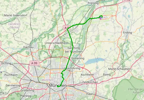 Route map Munich Airport - Munich, 39 km, approx. 41 min