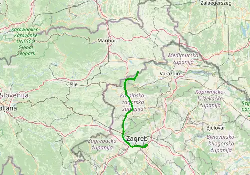 Route map Zagreb Airport - Mariborsko Pohorje, 103 km, approx. 85 min