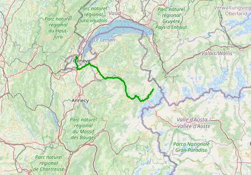 Route map Geneva Airport - Argentiere, 109 km, approx. 87 min