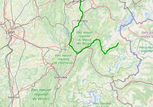 Route map Geneva Airport - Bourg Saint Maurice, 192 km, approx. 143 min