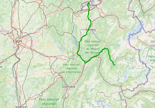 Route map Geneva Airport - Brides Les Bains, 170 km, approx. 113 min