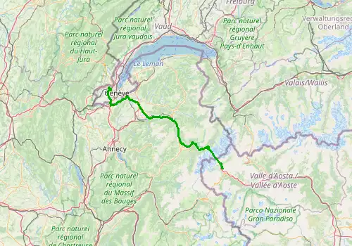 Route map Geneva Airport - Courmayeur, 118 km, approx. 94 min