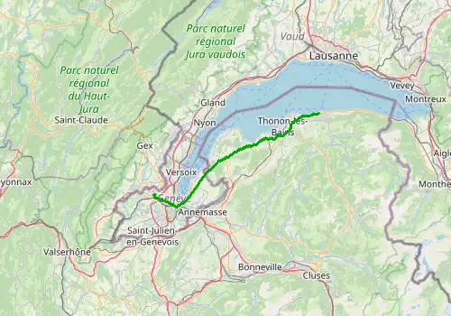 Route map Geneva Airport - Evian Les Bains, 50 km, approx. 83 min