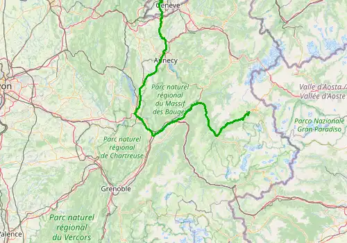 Route map Geneva Airport - Les Arcs 1600-2000, 198 km, approx. 150 min