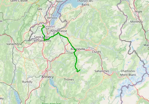 Route map Geneva Airport - Le Grand Bornard, 66 km, approx. 62 min
